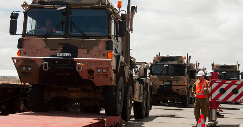 Land 121 Medium Heavy Capability Vehicles loaded to be transported from Adelaide to Darwin in December 2019.