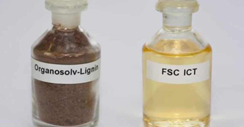 Typical feedstock organosolv-lignin (a natural material containing polyaromatic compounds), developed by the Fraunhofer Institute for Chemical Technology ICT and the mixture of aromatic hydrocarbons obtained from this feedstock using a fluid salt cracking (FSC) process.