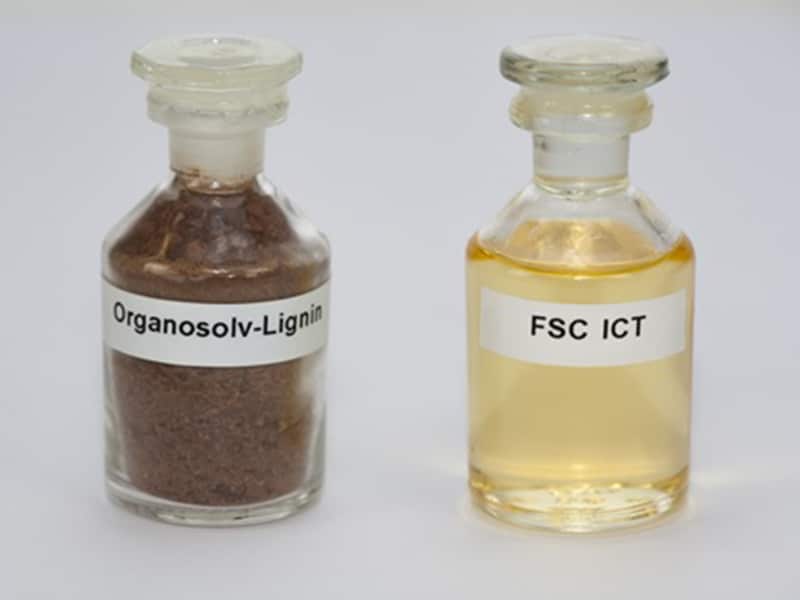 Typical feedstock organosolv-lignin (a natural material containing polyaromatic compounds), developed by the Fraunhofer Institute for Chemical Technology ICT and the mixture of aromatic hydrocarbons obtained from this feedstock using a fluid salt cracking (FSC) process.