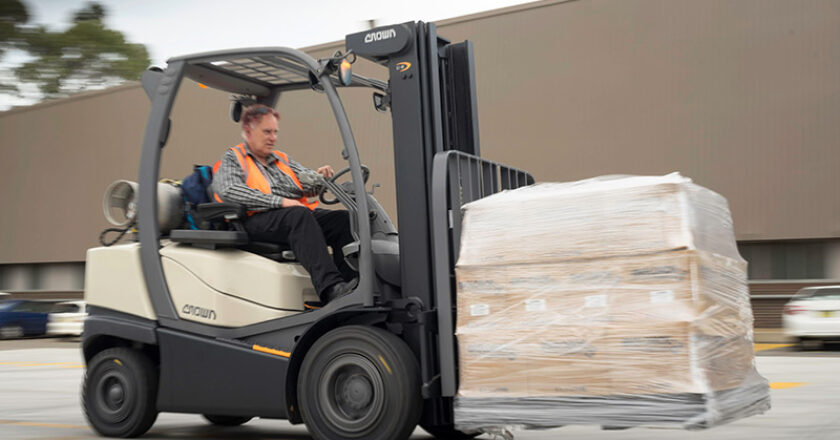 The author on the Crown C5 forklift.