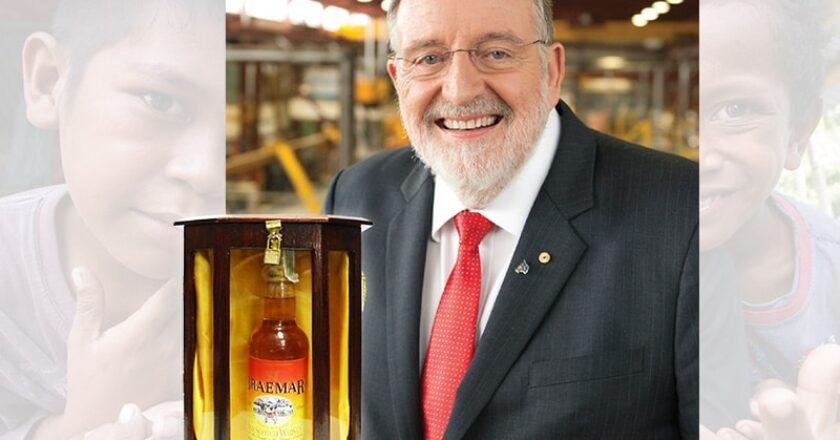 Seeley International executive chairman Frank Seeley and the 'priceless' $10 bottle of Braemar scotch