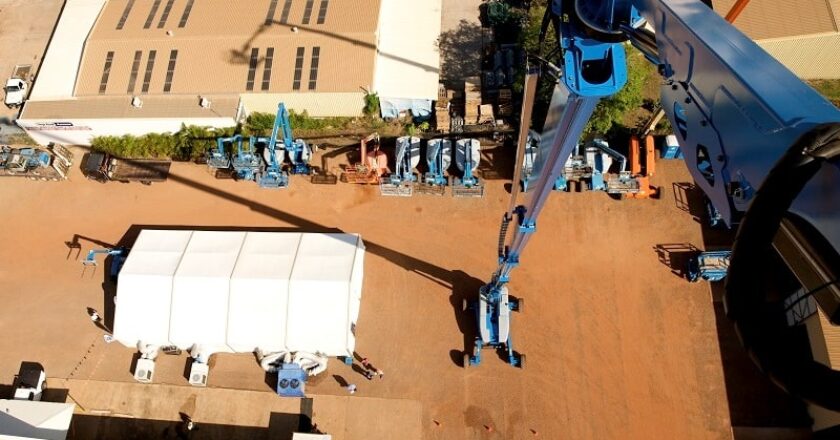 View from atop the world's tallest self-propelled boom lift - the Genie SX-180. Darwin's Top End Access is the first company in Australia to receive delivery of the machine.