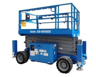 Genie's new GS-4069 DC scissor lift features increased platform space and lifting capacity is suited for outdoor and rough terrain applications