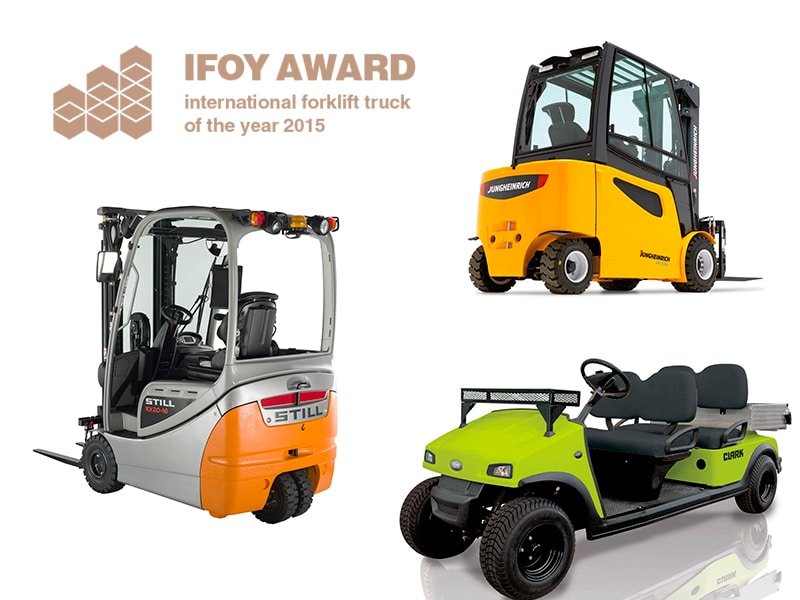 (Clockwise from left): Still's RX20 forklift, Jungheinrich's EFG S30s forklift and Clark Europe’s CBX4 people and burden carrier are amongst the machines nominated for an International Forklift Truck of the Year award this year.