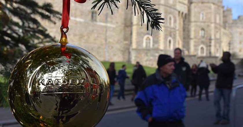 A Kaeser bauble hangs from the tree outside Windsor Castle