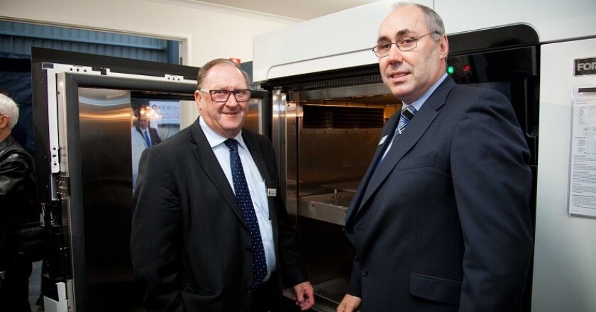 Keech 3D business manager Doug Baird (right) and former Bendigo mayor Barry Lyons at Keech 3D's launch in Bendigo last year.