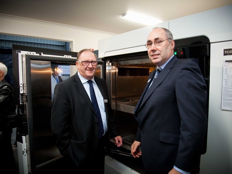 Keech 3D business manager Doug Baird (right) and former Bendigo mayor Barry Lyons at Keech 3D's launch in Bendigo last year.