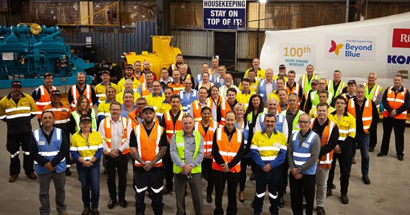 Celebrating the delivery of the 100th MCRS repower engine module were representatives of project partners Rio Tinto Iron Ore, Komatsu and Cummins, along with project suppliers and service providers, including Centurion Transport, T&B Tilt Trays, Retroblast, Rubix Design & Engineering, Pirtek, L&M Radiators, Signarama (Welshpool), Intercept Technology and GE Transportation (a Wabtec company).