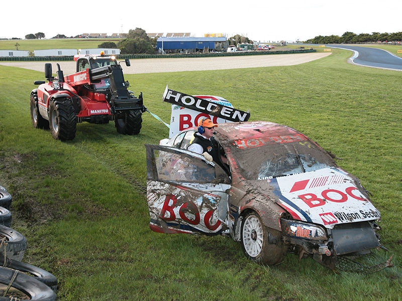 A Manitou telehandler recovering a V8 Supercar.