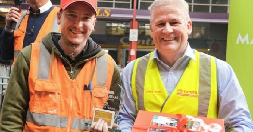 Toyota Forklift Challenge winner Daniel Bunter from Smiths Enterprises (left) receiving his prize from Toyota Material Handling WA branch manager Lance Cross