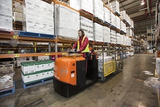 GraysOnline's 30,000 square-metre warehouse in Homebush (Sydney) has 35 pieces of battery-electric Toyota material handling equipment, including this BT low-level order picker