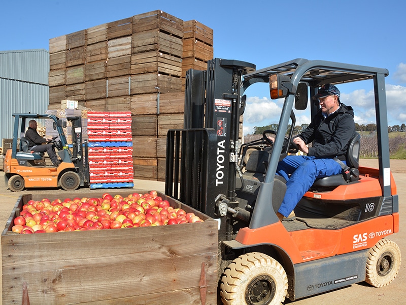 Two of Bonny Glen’s Toyota battery-electric forklifts.