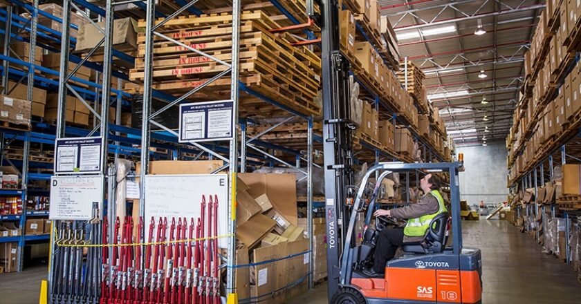 A Toyota 7FBE18 three-wheel forklift at work in the ARB warehouse.