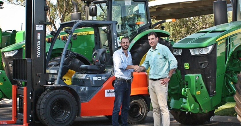 Farm equipment supplier Hutcheon and Pearce has upgraded its material-handling fleet by commissioning 18 Toyota forklifts. Pictured are Hutcheon and Pearce managing director Arron Hutcheon (right) and Liftek managing director Chaise Staltare.