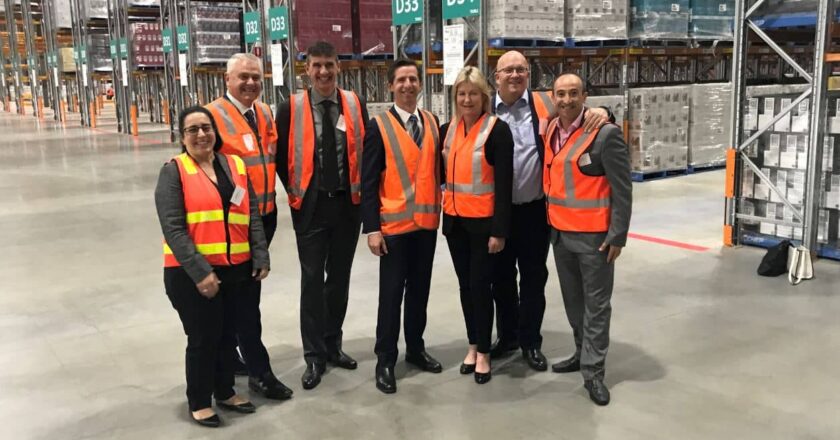 (L to R) Helen Mifsud of SCT Property, Steve Cleaver of Toll’s beverages arm, TWE’s David Alpen, federal trade minister Simon Birmingham, SCT Group’s Carolyn Smith, SA trade minister David Ridgway and SCT’s Matt Eryurek