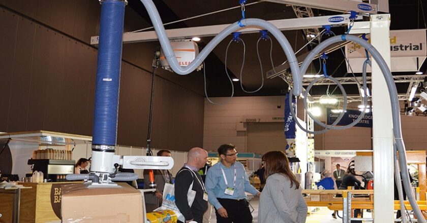The Schmalz Jumboflex vacuum tube lifter in action at the CeMAT materials handling expo in Melbourne.