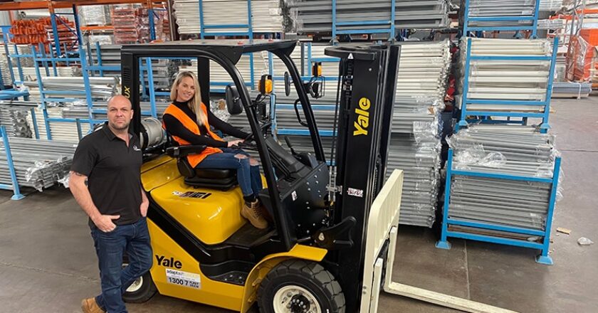 Unirack Managing Director Rudy Proctor, left, with Unirack Sales and Marketing Manager Emily Critchell operating their new Yale forklift at O’Connor, WA