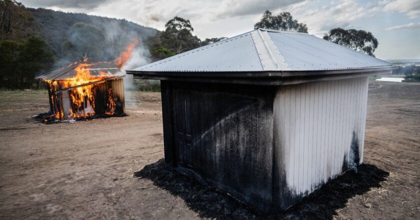 A shed painted with FSA Firecoat undercoat is less damaged by fire than the burning building in the background.