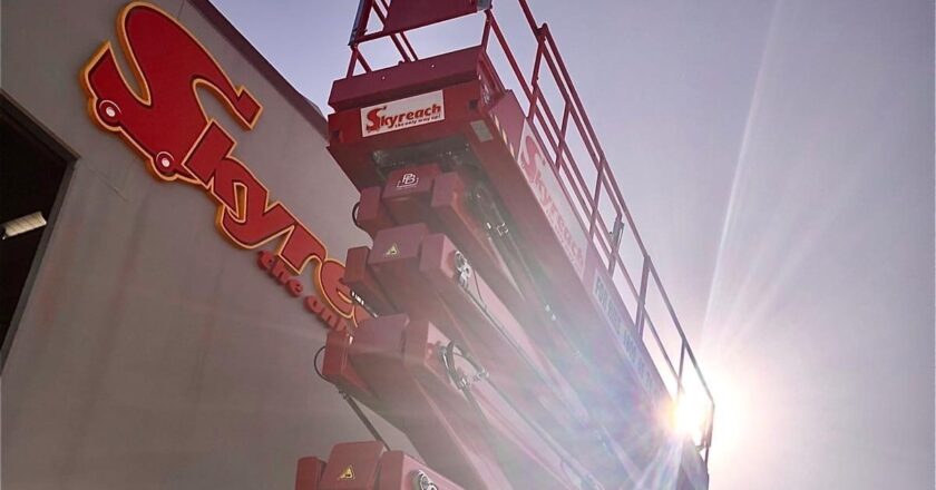 A Skyreach branded scissor lift, or elevated work platform, is one of many types of access equipment the company offers for hire